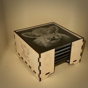 Set von 6 Schiefer-Untersetzer mit Box Highland Cow Box Birke